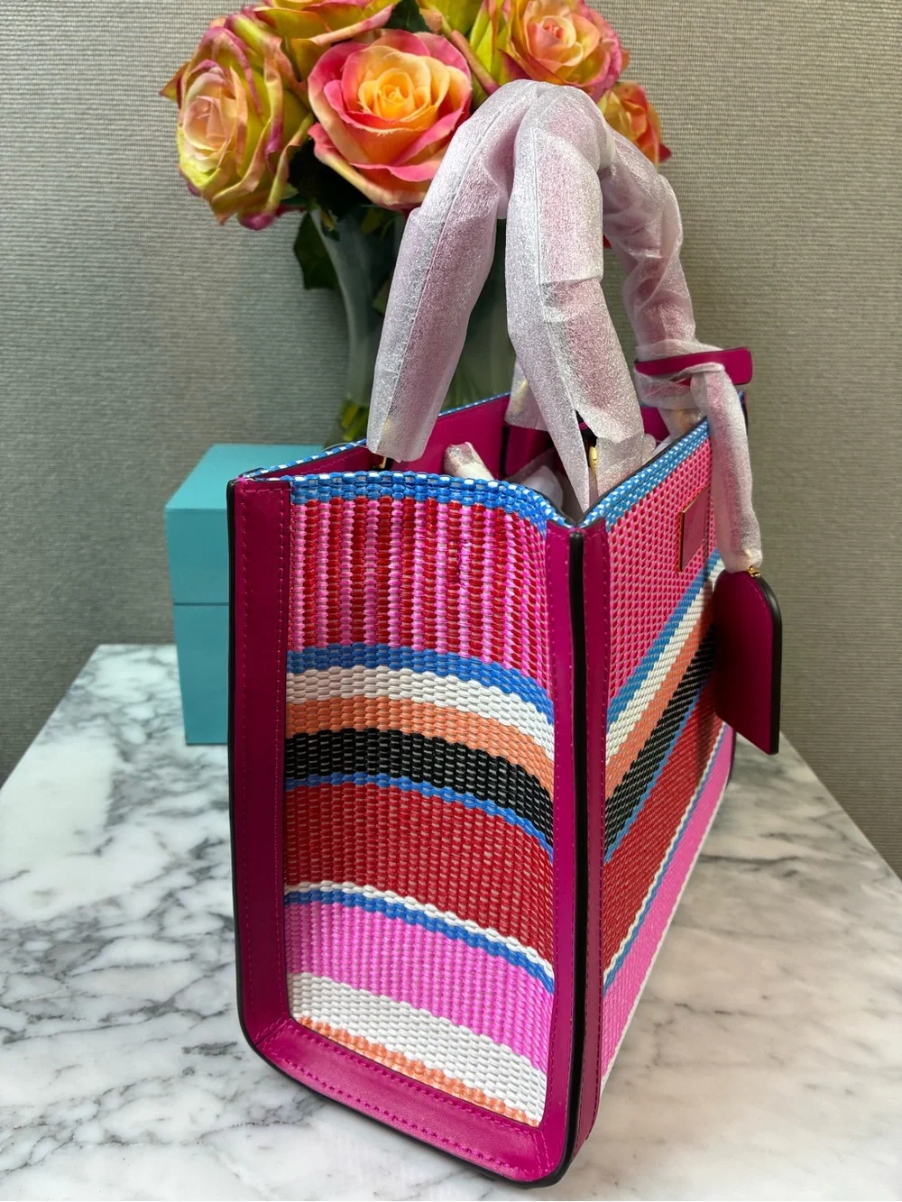 Kate Spade Wild Raspberry Striped Woven Manhattan Satchel - NWT $398 Retail